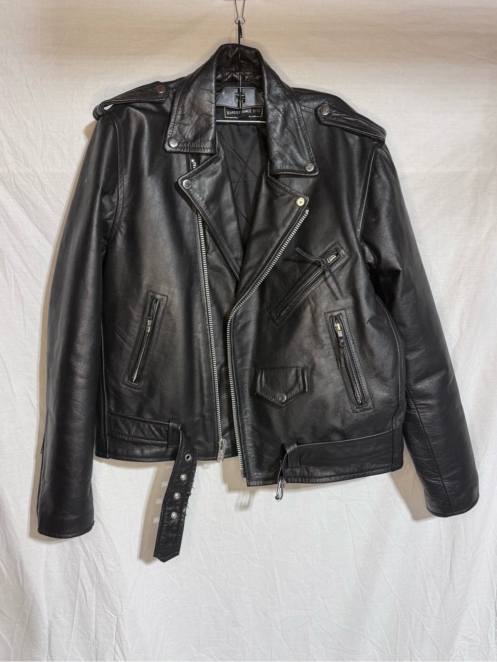 Men's Black Leather Moto Jacket with Belted Waist
